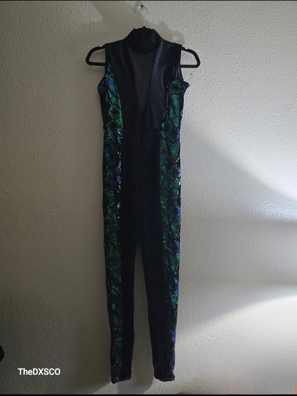 iHeartRaves Black Jumpsuit with Green and Blue Sequin Side Panels